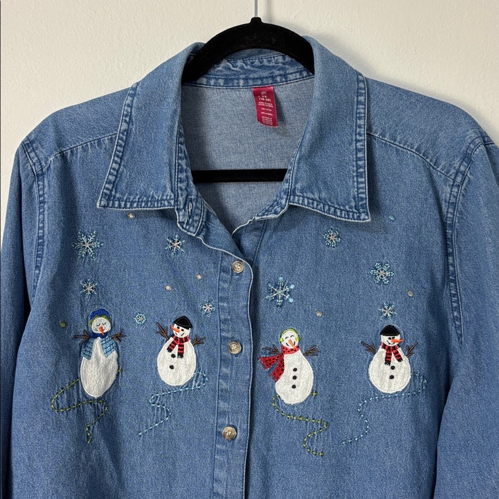 Vtg 90s Button Up Denim Shirt Snowmen Embroidery Women 2X Boho Holidays Novelty - Picture 8 of 9